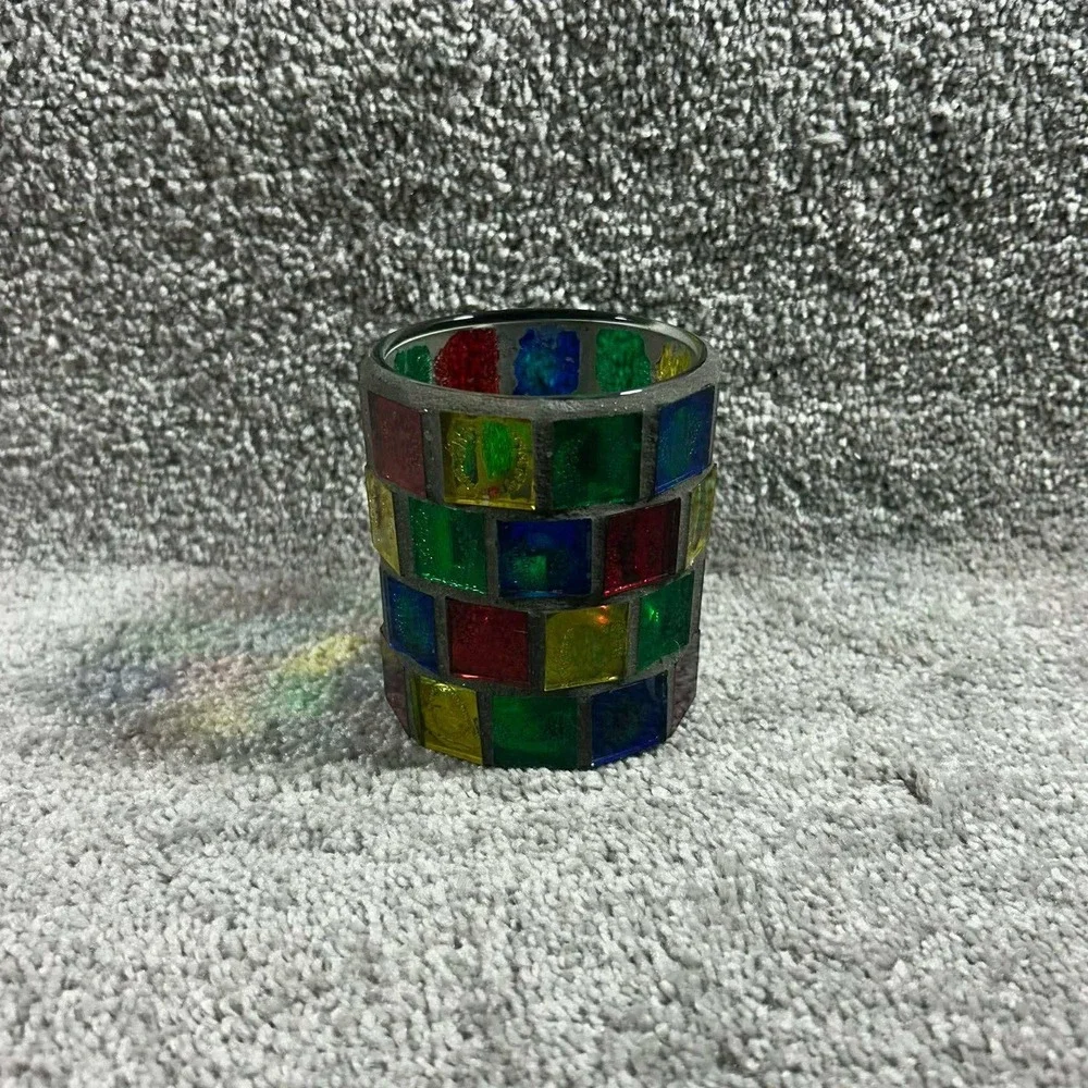 Mosaic Candle Holder Multicolor Glass Boho Votive Decor Small Size‎